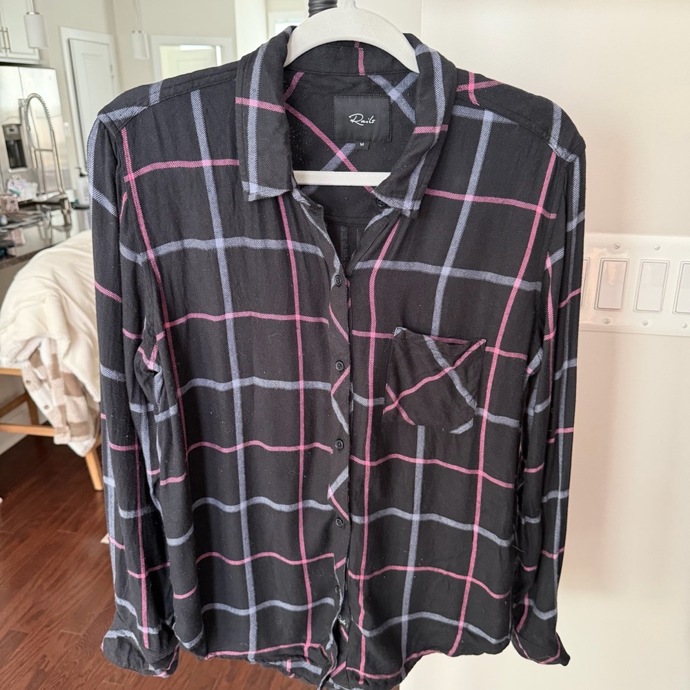 Rails Black Shirt with Pink and Gray Plaid
